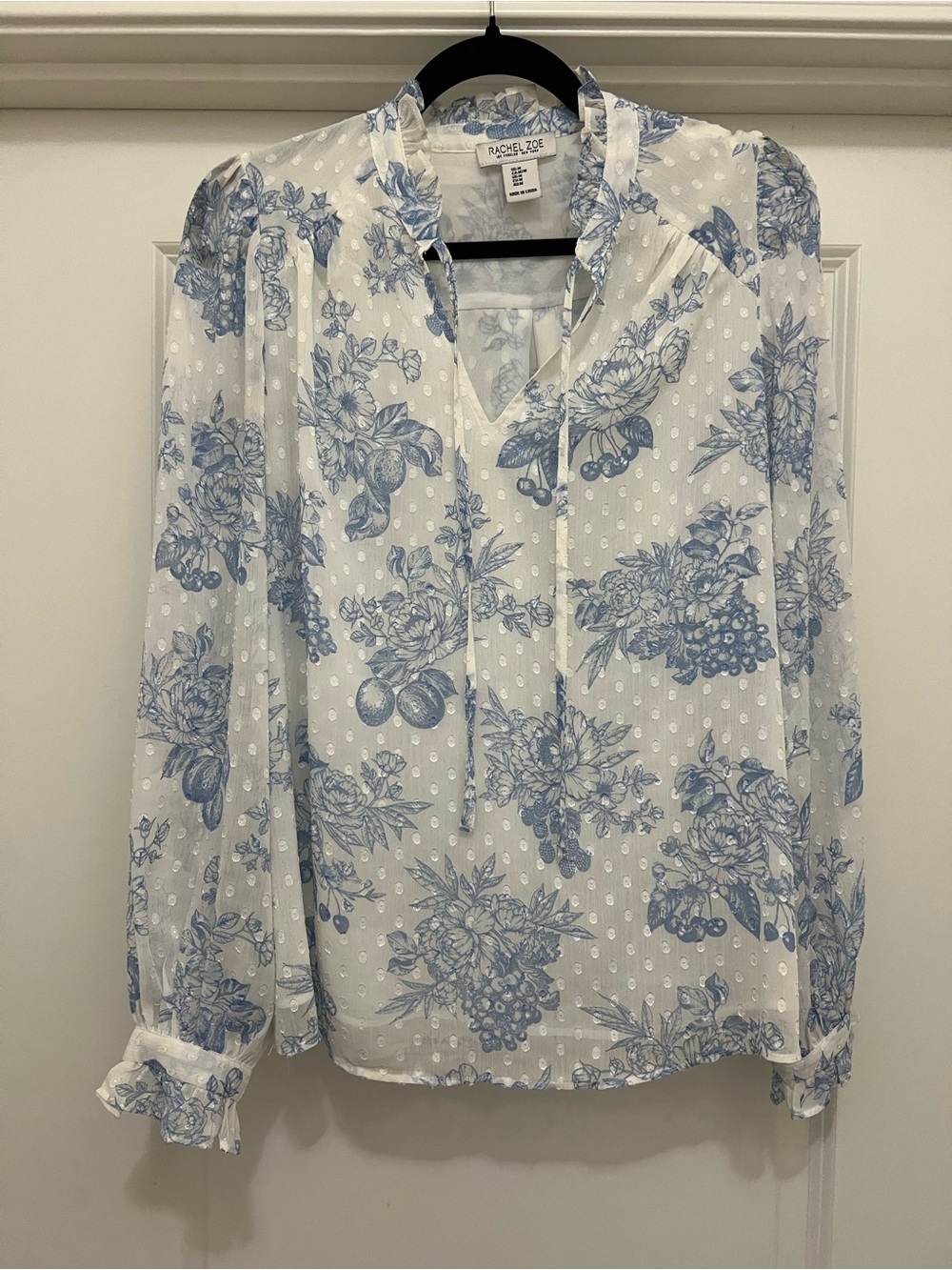 Rachel Zoe Blue Floral Tie-Neck Sheer Blouse